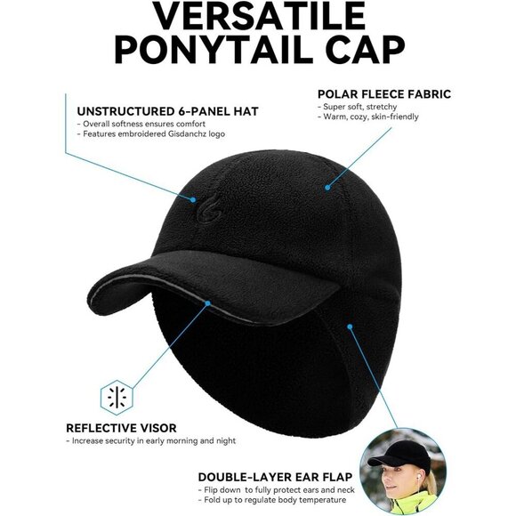 Women\'s Winter Reflective Fleece Ponytail Hat Ear Flap Running Cap